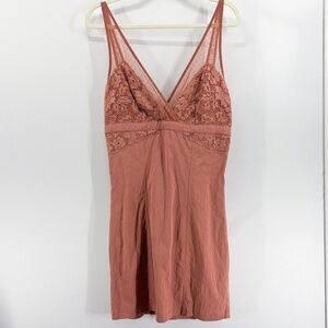Free People Kira Pink V-Neck Bodycon Slip Mini Dress Lace Tie Back Large NWT